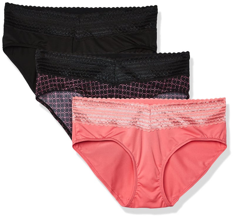 Warner's womens Blissful Benefits No Muffin With Lace 3 Pack Hipster Panties, Black/Flamingo Pink/Miami Pink Octagon, Large US - Image 1